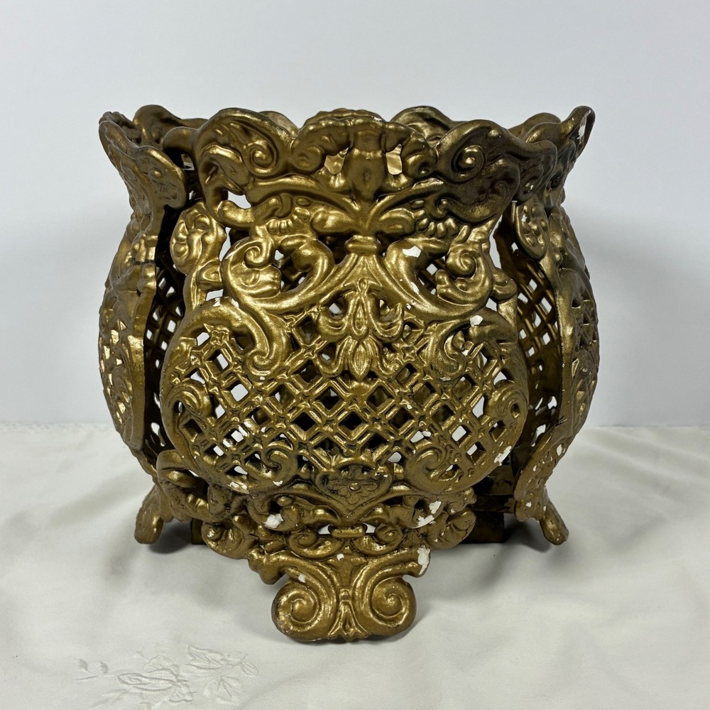 Vtg Cast Metal Planter Ornate Jardiniere Hollywood Regency Victorian Revival